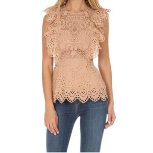 Nightcap Clothing Blush Eyelet Lace Peplum Top Scalloped Hem Ruffle Cream